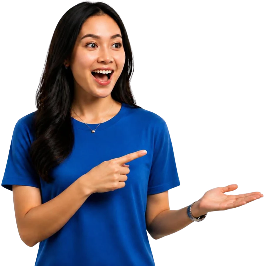 Wanita tersenyum menunjuk mockup website TechSaasWeb